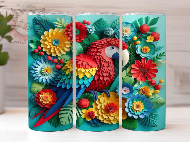 3D Floral Exotic Parrot Tumbler, Floral Parrot Tumbler, Colorful Bird Wrap, Whimsical Parrot Wrap, Exotic Floral Wrap, Sublimation Design, Trendy Gift Idea Sublimation Lara' s Designs 