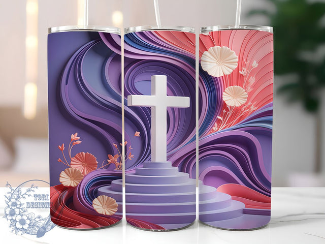 3D Floral Faith Cross Tumbler, Faith Design, Cross Wrap, Purple Flowers, 3D Floral, 20oz Tumbler, Sublimation Print Sublimation ToriDesigns 