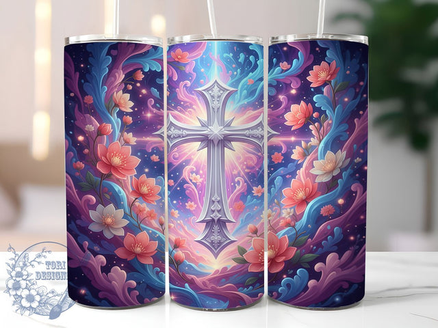 3D Floral Faith Cross Tumbler, Faith Design, Cross Wrap, Purple Flowers, 3D Floral, 20oz Tumbler, Sublimation Print Sublimation ToriDesigns 