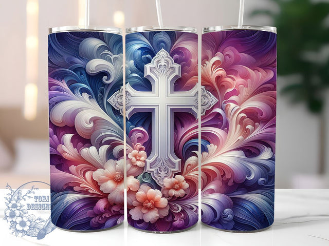 3D Floral Faith Cross Tumbler, Faith Design, Cross Wrap, Purple Flowers, 3D Floral, 20oz Tumbler, Sublimation Print Sublimation ToriDesigns 