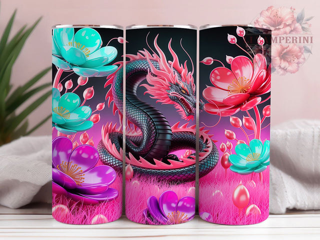 3D Floral Fantasy Dragon Tumbler, Floral Dragon Design, Dragon Tumbler Art, 20Oz Sublimation Wrap, 3D Floral Pattern, Fantasy Dragon Print, Tumbler Sublimation Sublimation Li Zamperini 