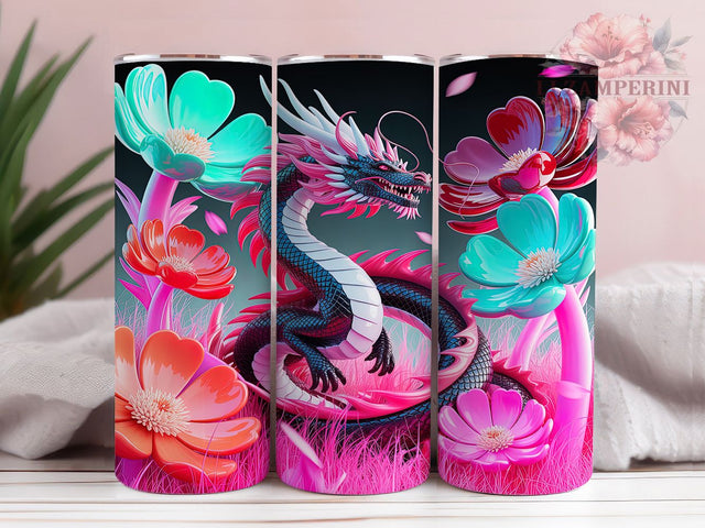 3D Floral Fantasy Dragon Tumbler, Floral Dragon Design, Dragon Tumbler Art, 20Oz Sublimation Wrap, 3D Floral Pattern, Fantasy Dragon Print, Tumbler Sublimation Sublimation Li Zamperini 