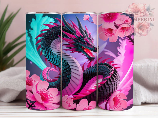 3D Floral Fantasy Dragon Tumbler, Floral Dragon Design, Dragon Tumbler Art, 20Oz Sublimation Wrap, 3D Floral Pattern, Fantasy Dragon Print, Tumbler Sublimation Sublimation Li Zamperini 