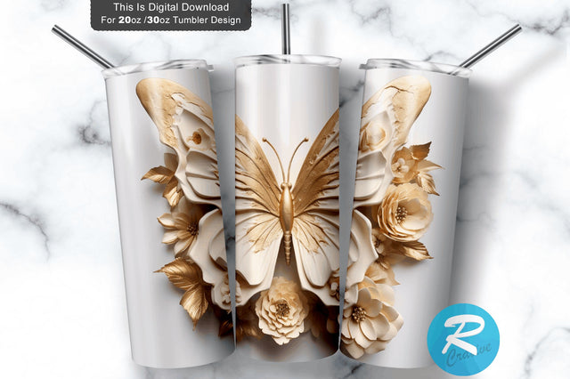 3D Floral Gold Butterfly 20 Oz Tumbler Sublimation Regulrcrative 