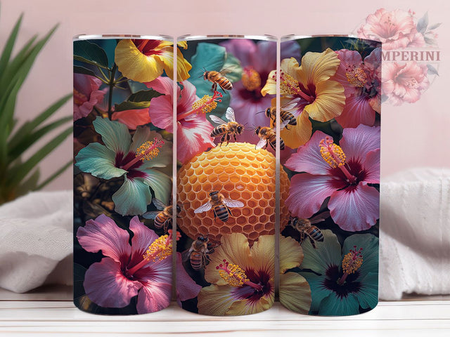 3D Floral Honeybee Tumbler, Floral Wrap Design, 3D Nature Pattern, Sublimation Cup, 20oz Skinny Tumbler, Garden Drinkware, Honeybee Style Sublimation Li Zamperini 