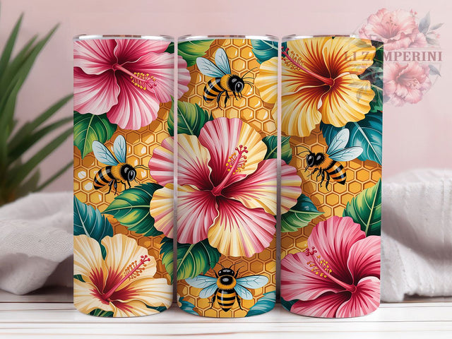3D Floral Honeybee Tumbler, Floral Wrap Design, 3D Nature Pattern, Sublimation Cup, 20oz Skinny Tumbler, Garden Drinkware, Honeybee Style Sublimation Li Zamperini 
