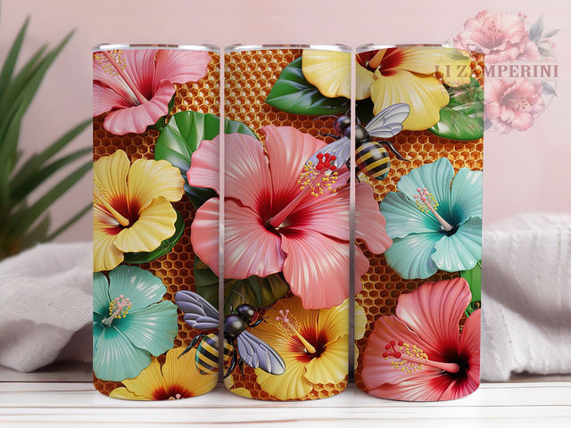 3D Floral Honeybee Tumbler, Floral Wrap Design, 3D Nature Pattern, Sublimation Cup, 20oz Skinny Tumbler, Garden Drinkware, Honeybee Style Sublimation Li Zamperini 