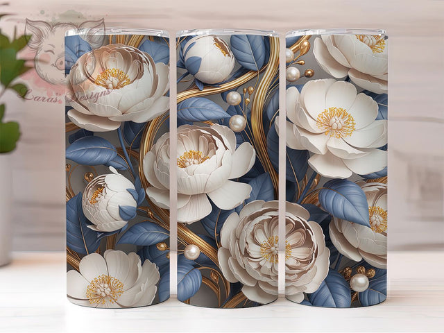 3D Floral Ivory Roses 20oz Tumbler, White Peonies, Ivory Roses, Elegant Pattern, Blooming Flowers, 20oz Tumbler Wrap, Sublimation PNG Sublimation Lara' s Designs 