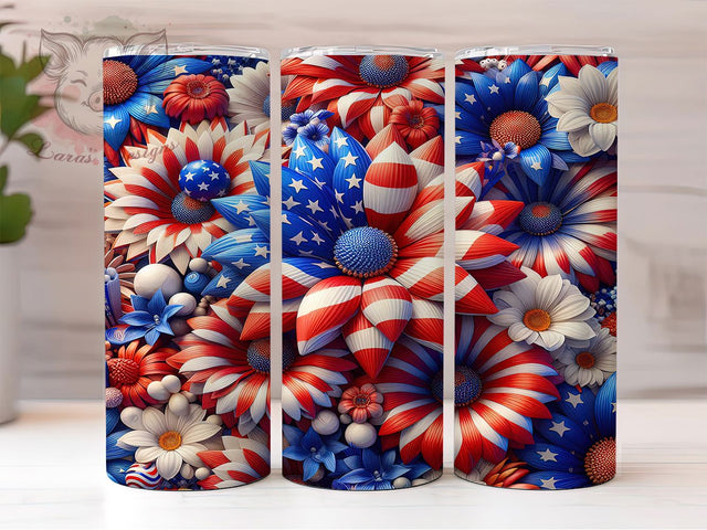 3D Floral Patriotic Tumbler Wrap, 20oz Skinny Sublimation Design, American Flag Floral Art, Independence Day Tumbler Wrap, Fourth of July Floral Gift, USA Patriotic Flower Wrap Sublimation Lara' s Designs 