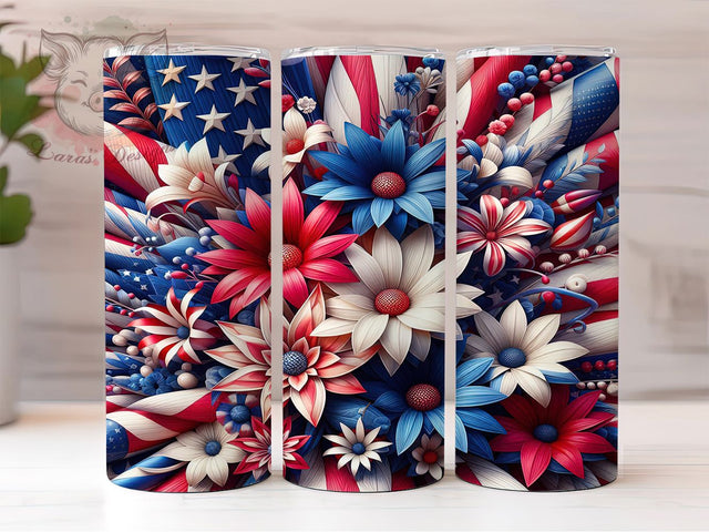 3D Floral Patriotic Tumbler Wrap, 20oz Skinny Sublimation Design, American Flag Floral Art, Independence Day Tumbler Wrap, Fourth of July Floral Gift, USA Patriotic Flower Wrap Sublimation Lara' s Designs 