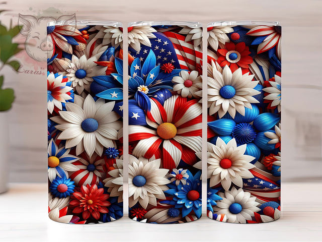 3D Floral Patriotic Tumbler Wrap, 20oz Skinny Sublimation Design, American Flag Floral Art, Independence Day Tumbler Wrap, Fourth of July Floral Gift, USA Patriotic Flower Wrap Sublimation Lara' s Designs 