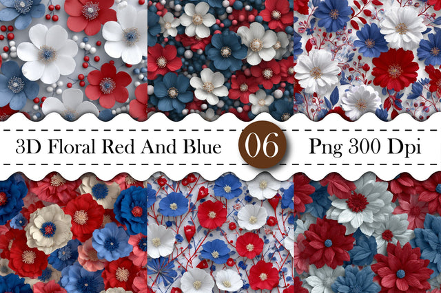 3D Floral Red And Blue Digital Paper Bundle Digital Pattern designmaster24 