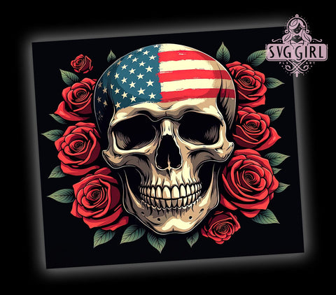 3D Floral Skull Tumbler Wrap, Patriotic Skull Design, 20oz Sublimation Wrap, Digital Download Tumbler, American Flag Skull Art, Unique Drinkware, Holiday Tumbler Design, Skull and Flowers Sublimation SvggirlplusArt 