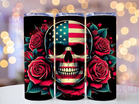 3D Floral Skull Tumbler Wrap, Patriotic Skull Design, 20oz Sublimation Wrap, Digital Download Tumbler, American Flag Skull Art, Unique Drinkware, Holiday Tumbler Design, Skull and Flowers Sublimation SvggirlplusArt 