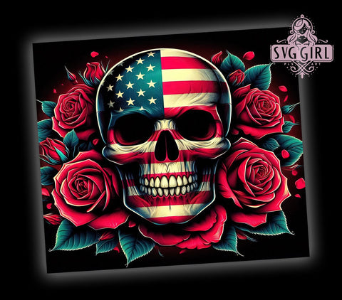 3D Floral Skull Tumbler Wrap, Patriotic Skull Design, 20oz Sublimation Wrap, Digital Download Tumbler, American Flag Skull Art, Unique Drinkware, Holiday Tumbler Design, Skull and Flowers Sublimation SvggirlplusArt 