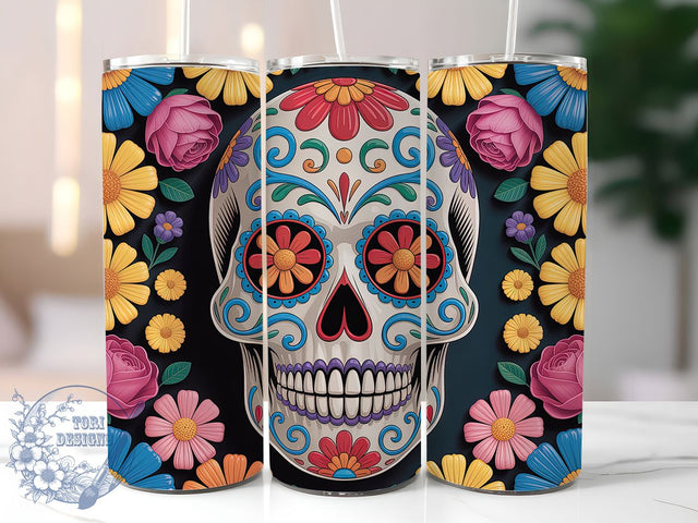 3D Floral Sugar Skull Tumbler Wrap, Floral Skull Wrap, Butterfly Halloween Cup, 20Oz Sublimation Design, Colorful Skull Drinkware, Sugar Skull With Flowers, Dia De Los Muertos Tumbler Sublimation ToriDesigns 