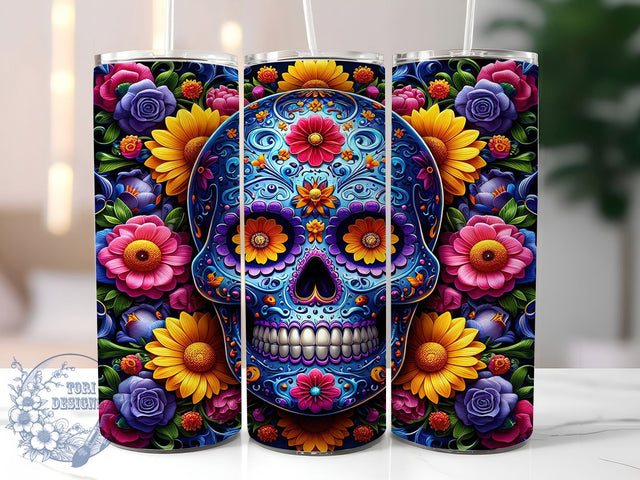 3D Floral Sugar Skull Tumbler Wrap, Floral Skull Wrap, Butterfly Halloween Cup, 20Oz Sublimation Design, Colorful Skull Drinkware, Sugar Skull With Flowers, Dia De Los Muertos Tumbler Sublimation ToriDesigns 