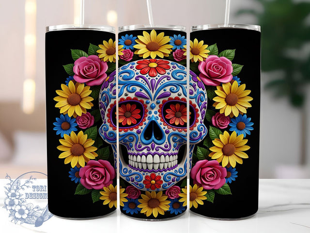 3D Floral Sugar Skull Tumbler Wrap, Floral Skull Wrap, Butterfly Halloween Cup, 20Oz Sublimation Design, Colorful Skull Drinkware, Sugar Skull With Flowers, Dia De Los Muertos Tumbler Sublimation ToriDesigns 