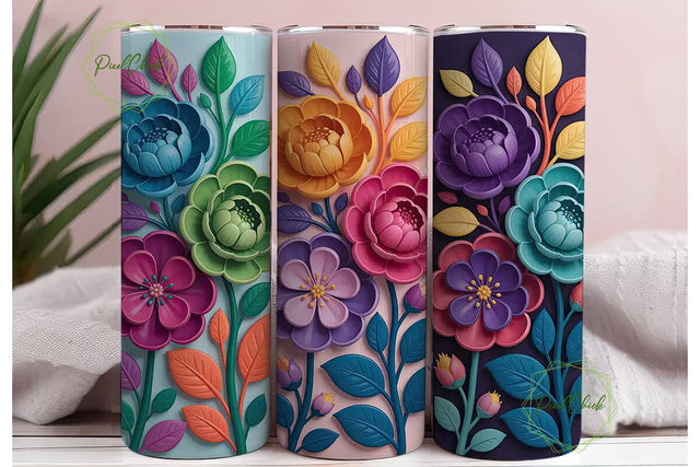 3D Floral Tumbler Wrap Sublimation PixelChick 