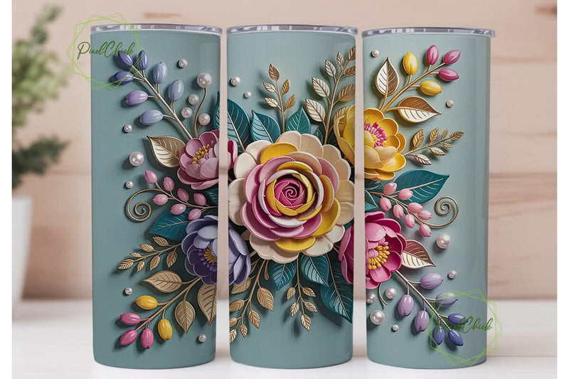 3D Floral Tumbler Wrap Sublimation PixelChick 
