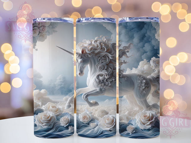 3D Floral White Horse Tumbler, 3D Floral Wrap, 20oz Tumbler Sublimation, Majestic Horse Design, Botanical Equine Sublimation, Elegant Nature Tumbler, Fantasy Horse Wrap Sublimation SvggirlplusArt 