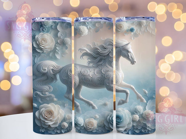 3D Floral White Horse Tumbler, 3D Floral Wrap, 20oz Tumbler Sublimation, Majestic Horse Design, Botanical Equine Sublimation, Elegant Nature Tumbler, Fantasy Horse Wrap Sublimation SvggirlplusArt 