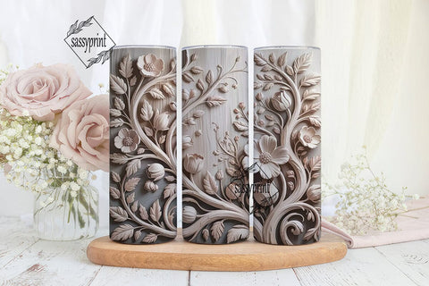 3D Floral Wood Carving 20oz Tumbler Wrap Sublimation sassyprint 