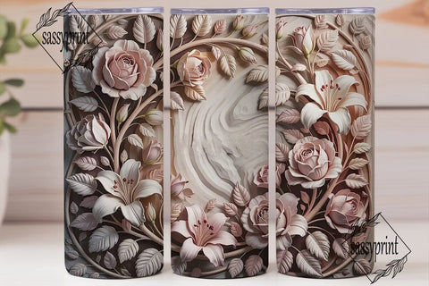 3D Floral Wood Carving 20oz Tumbler Wrap Sublimation sassyprint 