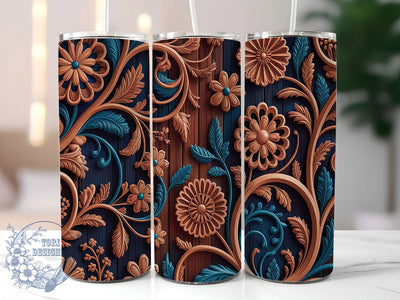 3D Floral Wood Carving Tumbler, Floral Wood Wrap, 20oz Sublimation Wrap, Rustic Flower Cup, Engraved Wood Design, Vintage Wooden Tumbler, Nature Carved Art Sublimation ToriDesigns 