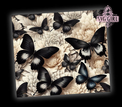 3D Flower and Butterfly Tumbler Wrap, Black and White Tumbler Design, 20oz Sublimation Wrap, Floral Butterfly Art, Digital Download Tumbler, Elegant Drinkware, Unique Tumbler Design Sublimation SvggirlplusArt 