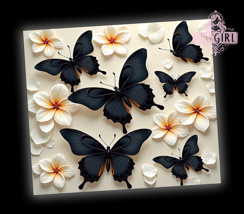 3D Flower and Butterfly Tumbler Wrap, Black and White Tumbler Design, 20oz Sublimation Wrap, Floral Butterfly Art, Digital Download Tumbler, Elegant Drinkware, Unique Tumbler Design Sublimation SvggirlplusArt 