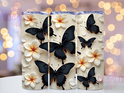 3D Flower and Butterfly Tumbler Wrap, Black and White Tumbler Design, 20oz Sublimation Wrap, Floral Butterfly Art, Digital Download Tumbler, Elegant Drinkware, Unique Tumbler Design Sublimation SvggirlplusArt 