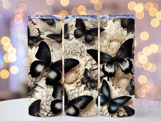 3D Flower and Butterfly Tumbler Wrap, Black and White Tumbler Design, 20oz Sublimation Wrap, Floral Butterfly Art, Digital Download Tumbler, Elegant Drinkware, Unique Tumbler Design Sublimation SvggirlplusArt 