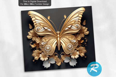 3D Flower Gold Butterfly 20 Oz Tumbler Sublimation Regulrcrative 