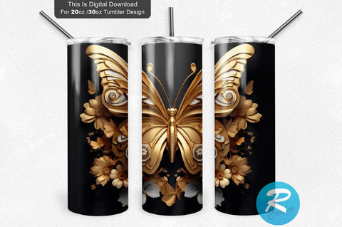 3D Flower Gold Butterfly 20 Oz Tumbler Sublimation Regulrcrative 
