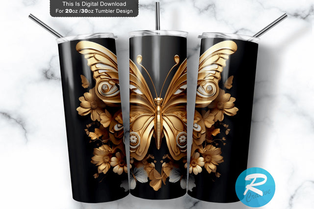 3D Flower Gold Butterfly 20 Oz Tumbler Sublimation Regulrcrative 