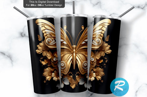 3D Flower Gold Butterfly 20 Oz Tumbler Sublimation Regulrcrative 