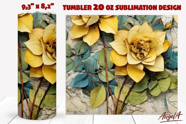 3D flower tumbler wrap / floral tumbler / yellow flowers PNG Sublimation Angelina Semenova 