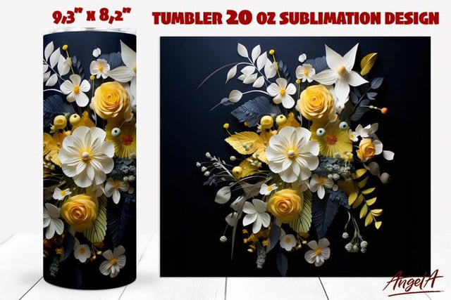 3D flower tumbler wrap / white flowers PNG / floral tumbler Sublimation Angelina Semenova 
