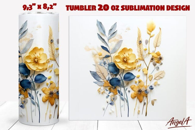 3D flower tumbler wrap / yellow flowers PNG / floral tumbler Sublimation Angelina Semenova 
