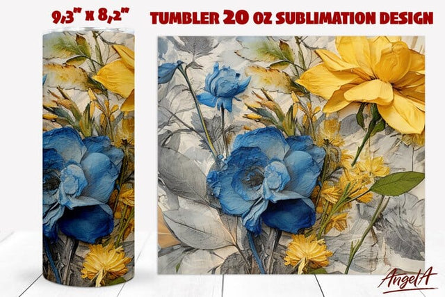 3D flower tumbler wrap / yellow flowers retro floral tumbler Sublimation Angelina Semenova 