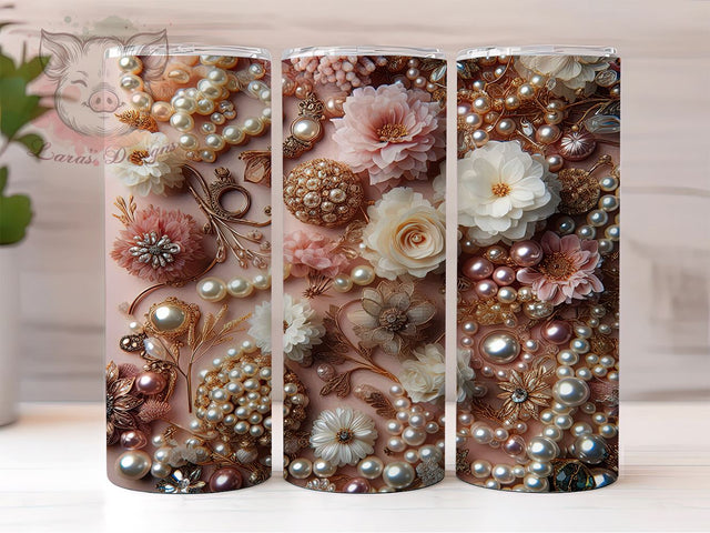 3D Flowers and Pearls 20oz Tumbler Png, Straight & Tapered Tumbler Png, 3D Flowers Tumbler Png, Digital Download PNG Sublimation Lara' s Designs 