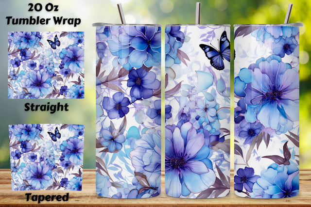 3D Flowers & Blue Butterflies 20 oz Skinny Tumbler Wrap-3D Sublimation FloridPrintables 
