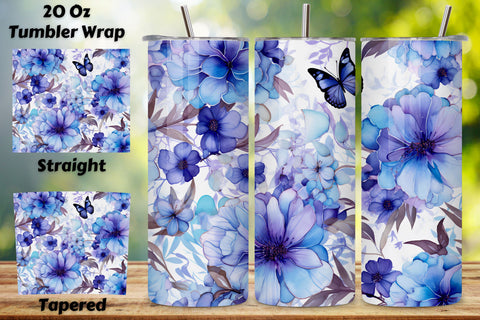 3D Flowers & Blue Butterflies 20 oz Skinny Tumbler Wrap-3D Sublimation FloridPrintables 