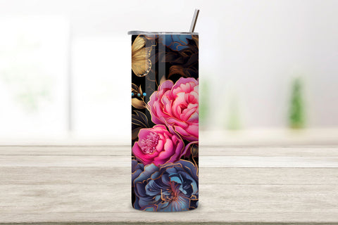 3D Flowers Butterflies Tumbler Wrap, alcohol ink butterflies, 3D Flowers & Blue Butterflies 20 oz Skinny Tumbler Wrap-3D Flower Sublimation-PNG-High Resolution-Instant Digital Download Sublimation FloridPrintables 