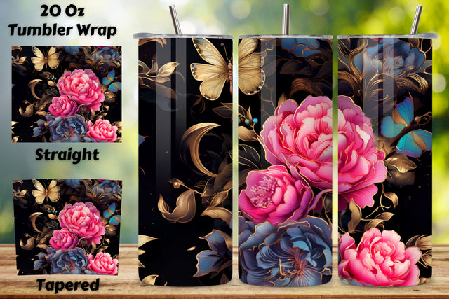 3D Flowers Butterflies Tumbler Wrap, alcohol ink butterflies, 3D Flowers & Blue Butterflies 20 oz Skinny Tumbler Wrap-3D Flower Sublimation-PNG-High Resolution-Instant Digital Download Sublimation FloridPrintables 