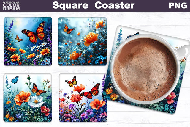 3D Flowers Butterfly Square Coaster | Floral Square Coaster Sublimation WatercolorColorDream 