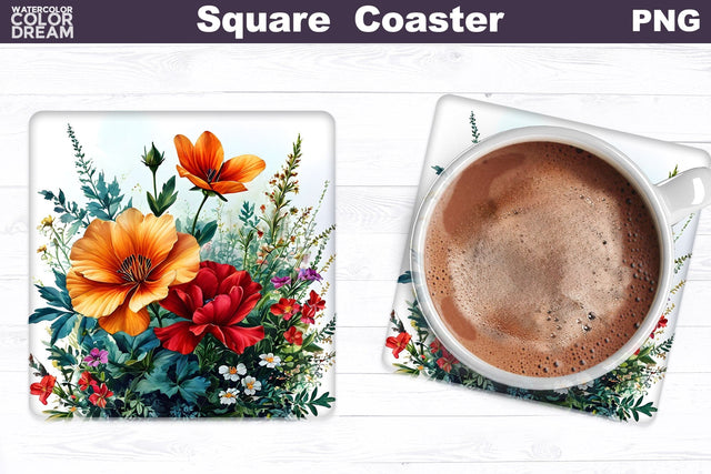3D Flowers Square Coaster | Floral Square Coaster Sublimation WatercolorColorDream 
