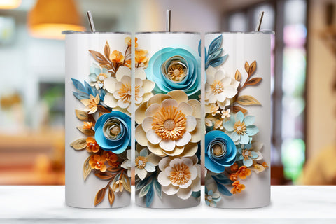 3D Flowers Tumbler Wrap | Turquoise | Spring Print PNG, 3D Floral Tumbler Wrap, Sublimation Design, 20 oz Skinny Tumbler, Paper floral tumbler sublimation designs download, colorful Sublimation FloridPrintables 