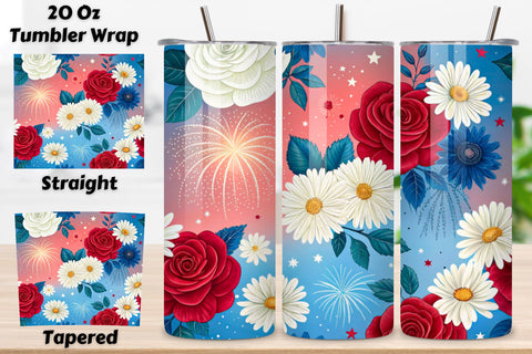 3D Fourth of July Floral Seamless Tumbler Wrap, Festive Flowers and Fireworks, seamless tumbler wrap, fourth july design, festive floral wrap, watercolor fireworks design, 20oz skinny tumbler, tapered tumbler wrap Sublimation FloridPrintables 